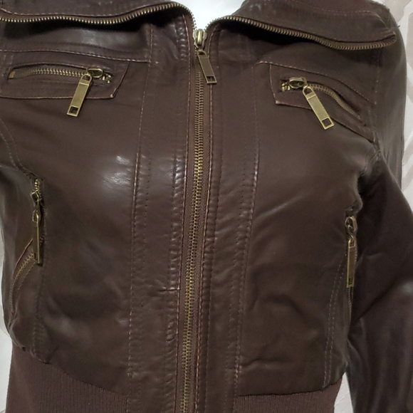 Adorable Dollhouse brown pleather bomber jacket - Picture 6 of 11